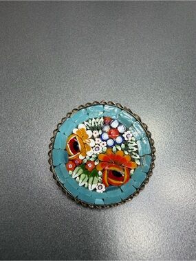 Vintage Floral Mosaic Brooch - Turquoise and Orange